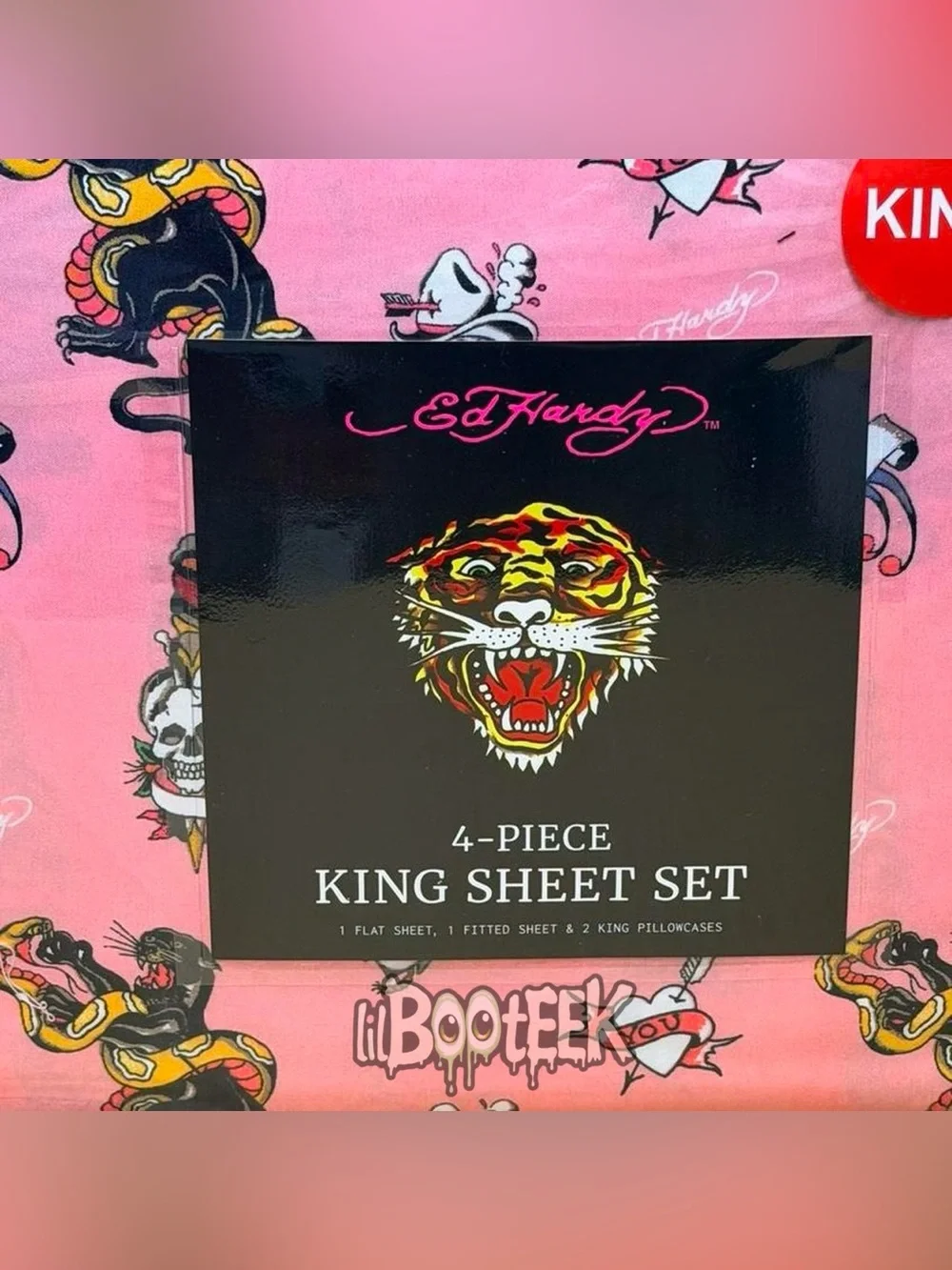 Ed Hardy 4 Piece King Size Sheet Set Pink Flash Tattoo Print NEW VIRAL Y2K